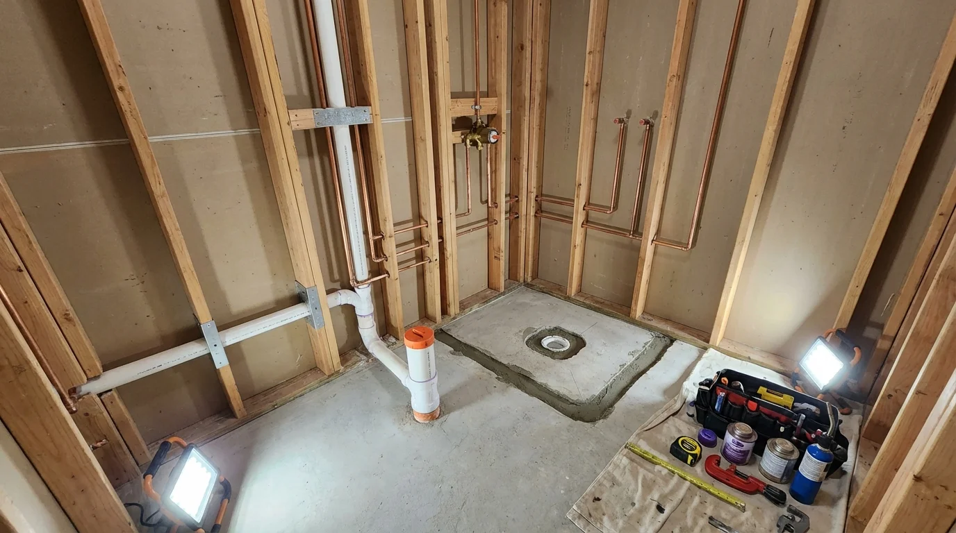 Bathroom rough-in plumbing during remodel by Johns Plumbing LLC in Fulshear