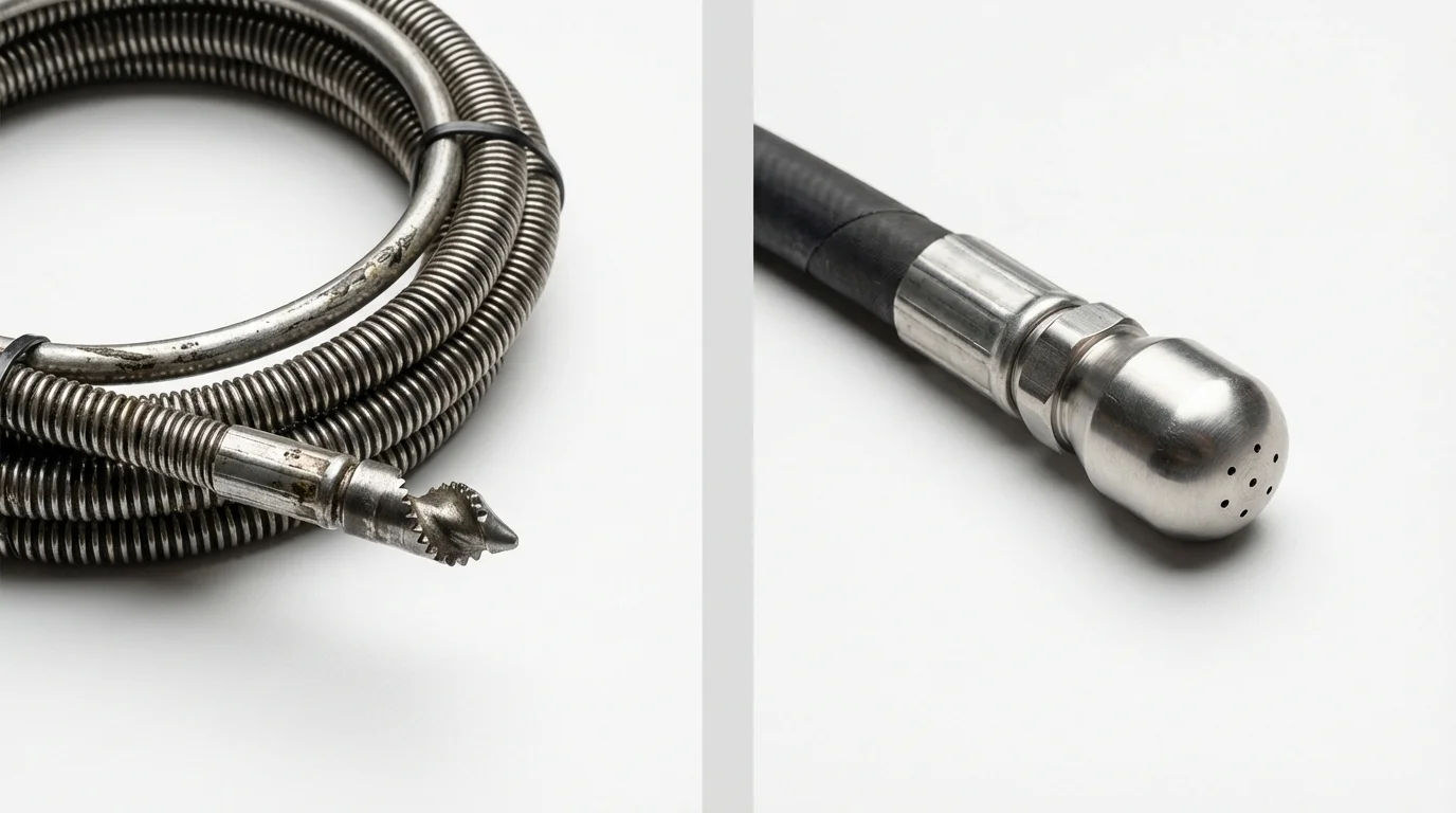 Drain snake cable and hydro jetting nozzle used for drain cleaning in Fulshear, TX
