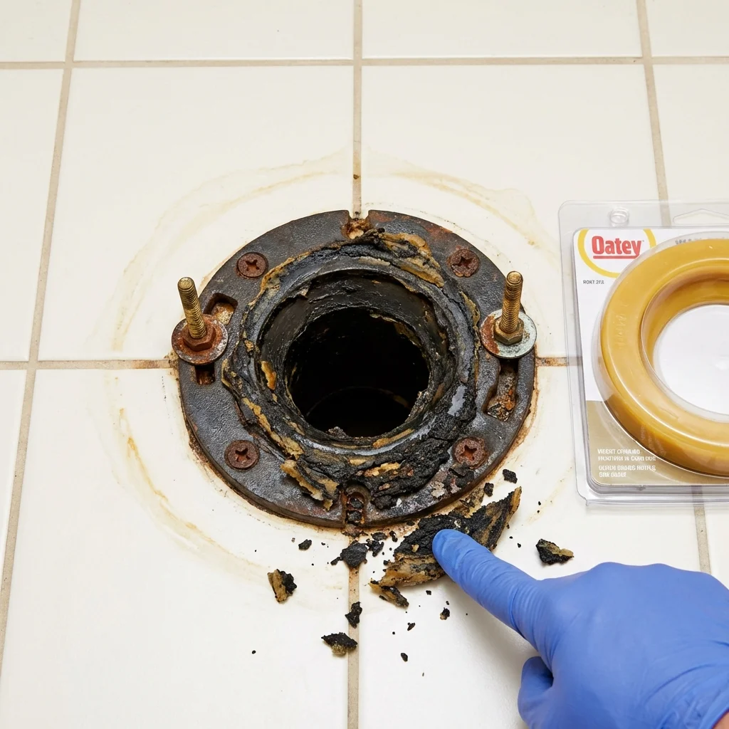 Failed wax ring showing water seepage at the base of a toilet in a Fulshear, TX home