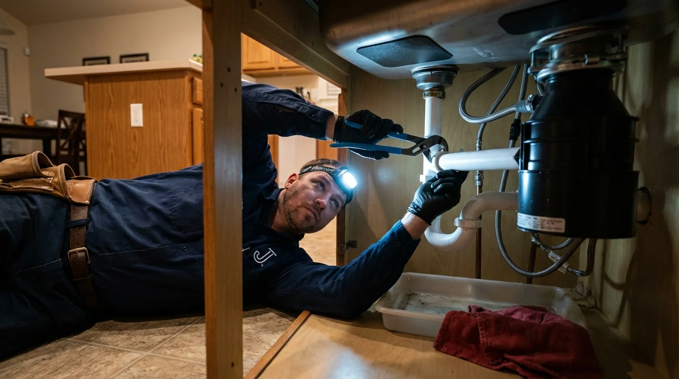 P-trap and supply line connections under a kitchen sink showing a common leak point in Fulshear, TX